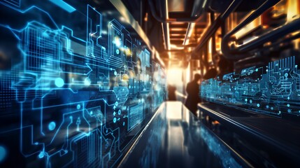 High technology environment with surveillance intelligence machine learning operations and blurred motion engineers in background as active workspace. Data monitoring, control and research.