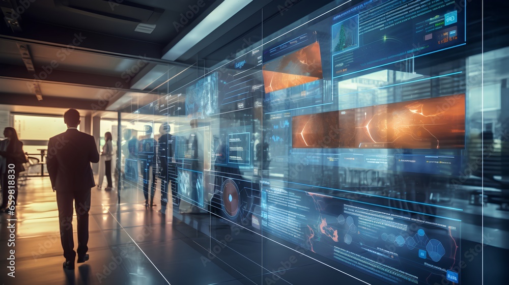 Poster high technology environment with surveillance intelligence machine learning operations and blurred m