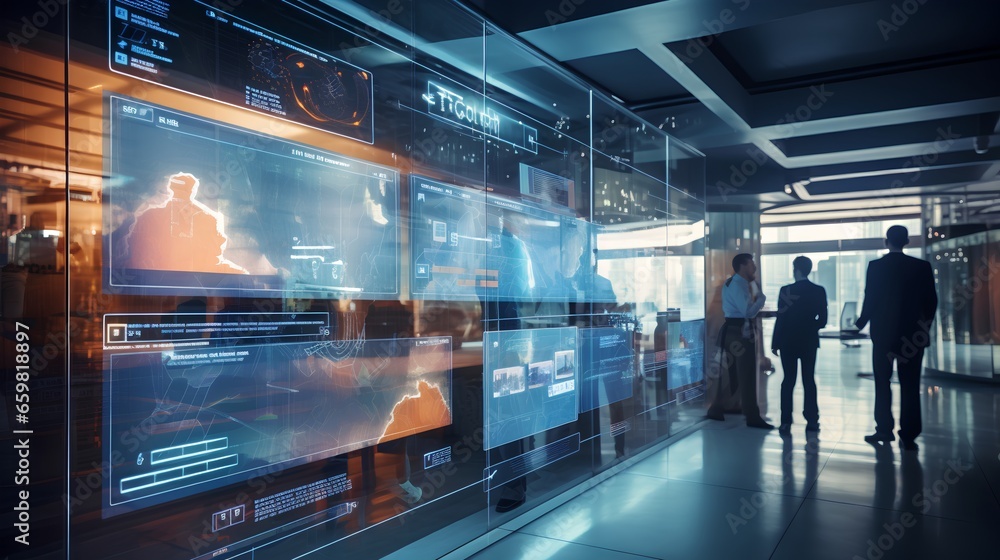Poster high technology environment with surveillance intelligence machine learning operations and blurred m