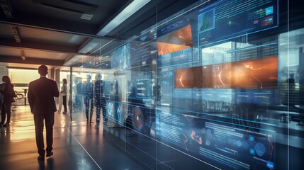 High technology environment with surveillance intelligence machine learning operations and blurred motion engineers in background as active workspace. Data monitoring, control and research.