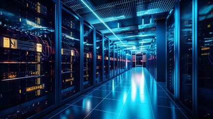 Modern server room filled with highpowered IT racks with latest in data storage technology. Tech infrastructure designed for optimal performance and efficiency. Information upload to physical server.