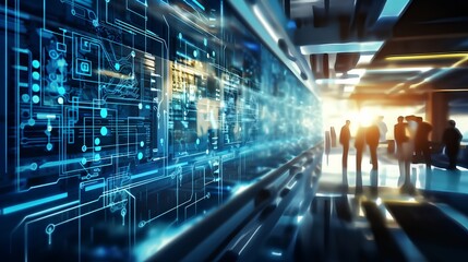 High technology environment with surveillance intelligence machine learning operations and blurred motion engineers in background as active workspace. Data monitoring, control and research.