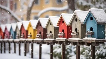 Fotobehang Delight in the winter wonderland of avian real estate with beautiful, multi-colored birdhouses. These cozy nests offer birds a warm and inviting place to call home during the chilly months. © pvl0707