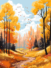Fall autumn landscape background vector, simple abstract style. Good for fashion fabrics, children’s clothing, postcards, social post, books, wallpaper, banner, events, covers, advertising, and more.