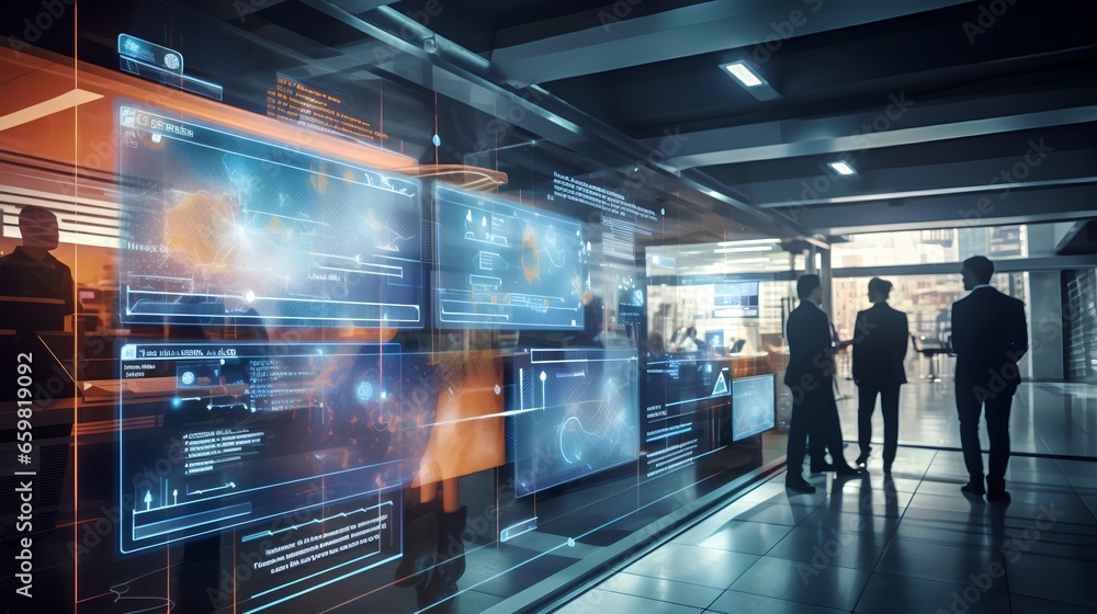Poster high technology environment with surveillance intelligence machine learning operations and blurred m