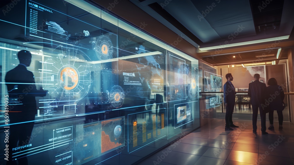 Poster high technology environment with surveillance intelligence machine learning operations and blurred m
