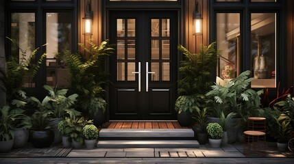 Sleek black door complemented by green plants and elegant home accents - obrazy, fototapety, plakaty