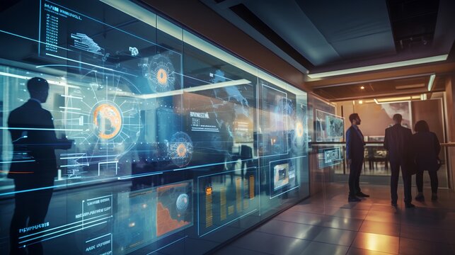 High technology environment with surveillance intelligence machine learning operations and blurred motion engineers in background as active workspace. Data monitoring, control and research.