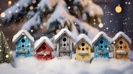 Fototapeta premium Delight in the winter wonderland of avian real estate with beautiful, multi-colored birdhouses. These cozy nests offer birds a warm and inviting place to call home during the chilly months.