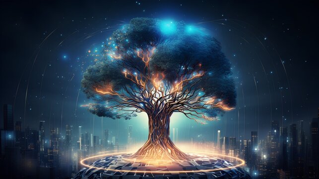 Machine Learning Operations or MLOps concept with data processing as a tree with electrical signals. Growing tree with complex data  electrical signals represent the flow of information and processing