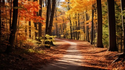 forest path blanketed with a rich tapestry of vibrant fall leaves