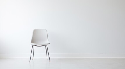 A lone gray chair set against the purity of a white room - obrazy, fototapety, plakaty