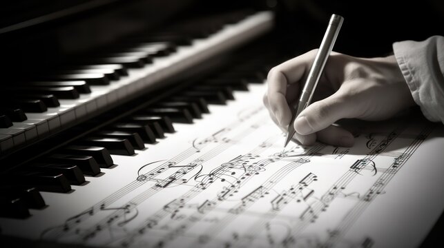 musician hand delicately pens notes, crafting a new song on sheet music
