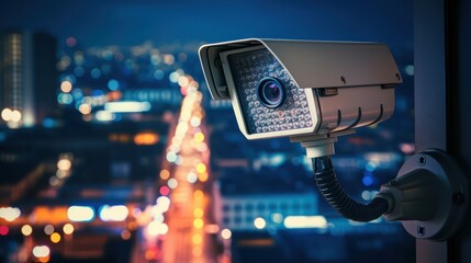 modern CCTV camera watches over a bustling night cityscape