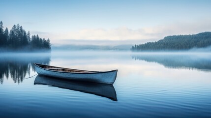 A lone canoe floats on a tranquil, mysterious lake - obrazy, fototapety, plakaty