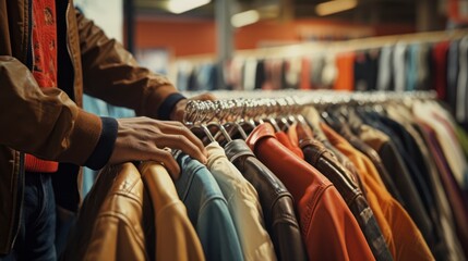 man browses through an array of retro jackets in a thrift store - obrazy, fototapety, plakaty