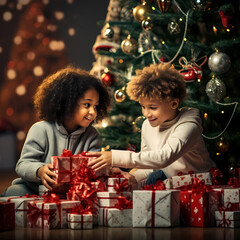 Photo of family during christmas eve dinner, happy kids, grandparents, presents, detailed, Christmas 2023, Christmas tree