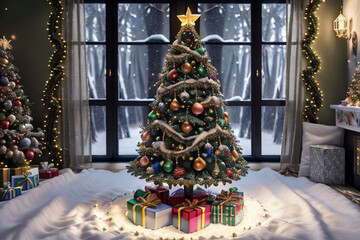 beautiful Christmas tree in room decorated with light toys for the New Year holiday, AI generated