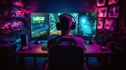Naklejka premium professional gamer setup, illuminated by neon hues from the computer screen