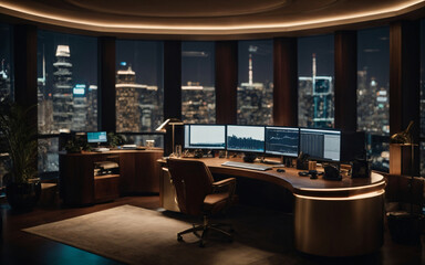 A high-end trading desk situated in a luxurious apartment, illuminated by the soft glow of computer screens and city lights. trading, finance  - obrazy, fototapety, plakaty