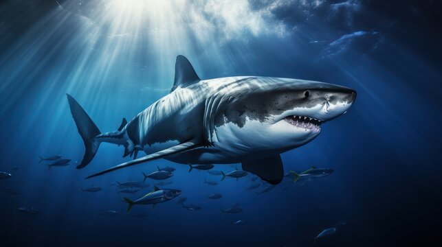 white shark prowls the deep blue
