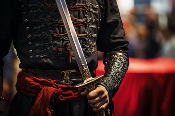 Man with sword in a competition. Historical knight armor. Generate Ai