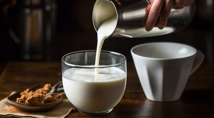 glass of milk, pouring milk into glass, cup of milk on the table, glass of milk on dark background, pouring milk