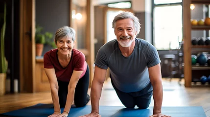 Foto op Plexiglas senior stretching exercise training lifestyle sport fitness home healthy man together pilates gym exercising fit yoga meditation  © Alin