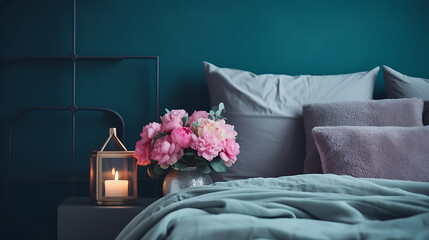 Stylish modern cosy bedroom in dark colors. Cozy interior with turquoise walls, home decor. Bed with grey fabric headboard, white blanket, bedside table, vase with pink hydrangea flower, candle
