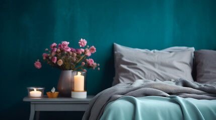 Stylish modern cosy bedroom in dark colors. Cozy interior with turquoise walls, home decor. Bed with grey fabric headboard, white blanket, bedside table, vase with pink hydrangea flower, candle