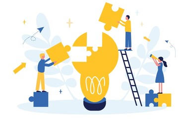 Business concept. Team metaphor. People connect puzzle elements. Flat illustration in flat design style. Teamwork, collaboration, partnership. Businessmen working together and moving towards success.
