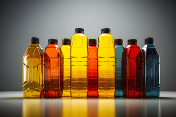 Plastic bottles from automobile oils in 3d style, generate AI.