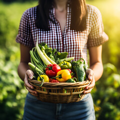 Fototapeta premium Close-up of a woman farmer holding a basket of vegetables in her hands. Healthy eating concept and love for healthy eating