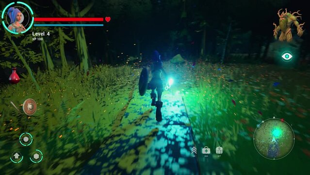 Night Video Game Mock-up: Gameplay of 3D Colourful Fantasy Role Playing Game Featuring Female Hero Character on Adventure Fighting Monsters, Leveling Up, Finishing Quest with Victory Screen
