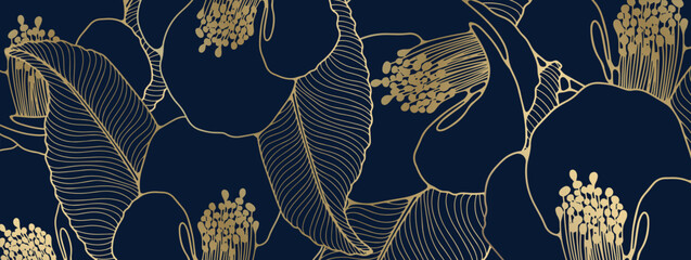 Luxury dark blue floral background with gold flowers. Vector background for wallpapers, covers, cards and posts on social networks. - obrazy, fototapety, plakaty