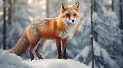 Obraz premium Beautiful red fox in the winter snowy forest