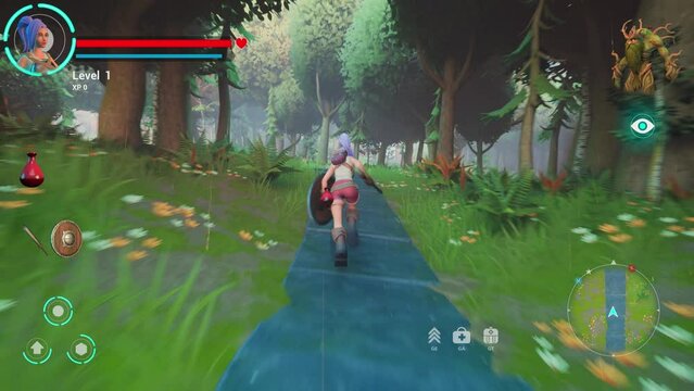 Video Game Mock-up Screen: Gameplay of 3D Colorful Fantasy Role Playing Game Featuring Female Hero Character on Adventure, Fighting Enemies. Fun Video Game of Puzzles and Quests Set in Magical Forest