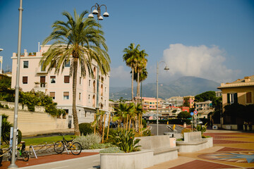 Sea promenade in Genoa in Italy with palazzi, palm trees and flower beds