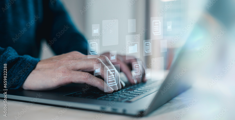 Poster document management system businessman working on laptop computer productivity checklist and filling