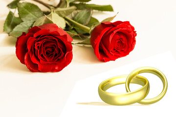 Zwei rote Rosen und Eheringe