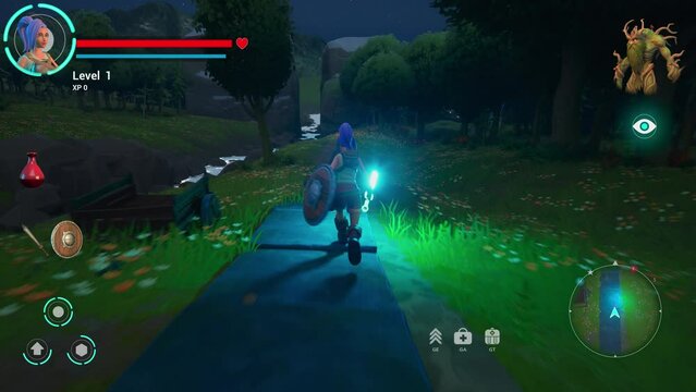 Night Video Game Mock-up: Playable Character Respawning in Videogame. 3D Fantasy Role Playing Game Featuring Female Hero Character on Adventure, Fighting Enemies with Glowing Sword, Gaining Points