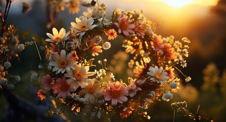 Symbol of Summer Solstice Day. Beautiful wreath of daisies and meadow flowers hanging on a branch, sun rays at sunset, bokeh, green background. Pagan witch traditions, Wiccan ritual. Lita Sabbath.
