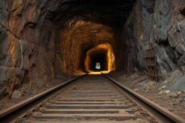 Fototapeta na wymiar Mine tunnel cave railway deep. Coal material. Generate Ai