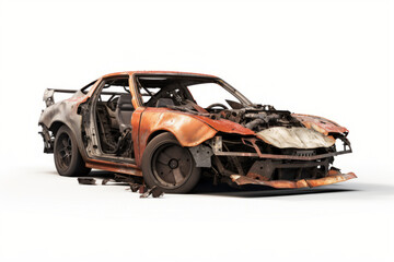 An AI generated image of a destroyed car isolated on white background.