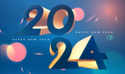 Happy New 2024 Year celebration poster template with bokeh light effect.