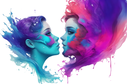 Abstract colorful underwater ink art of a young woman and man is love, hearts