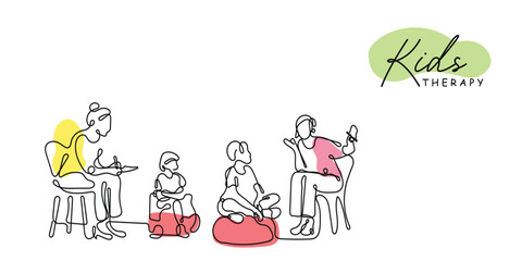 Continuous line art vector of a kids therapist. Child therapy concept art. School Counselor. Poster or postcard doodle art. professional help for autism awareness art.