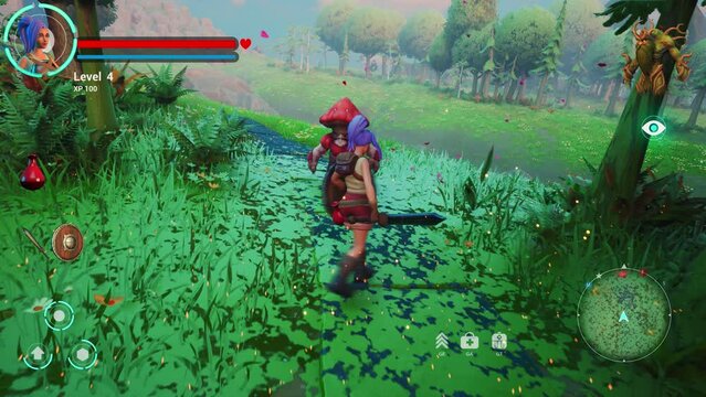 Colourful Video Game Mock-up: Gameplay of 3D Open World Fantasy Role Playing Game Featuring Female Hero Character on Adventure Fighting Monsters, Leveling Up, Finishing Quest with Victory Screen