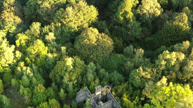Aerial of the abandoned ruins of Dunmore Park House near Falkirk, Scotland