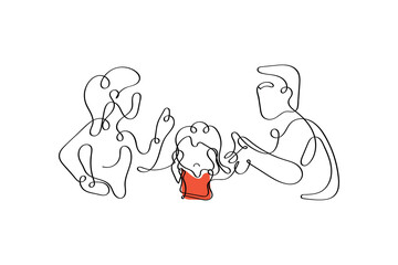Continuous line art vector of parents fighting and their kid suffering due to that. Toxic parenthood. Kids traumatized childhood concept art. Abuse art.